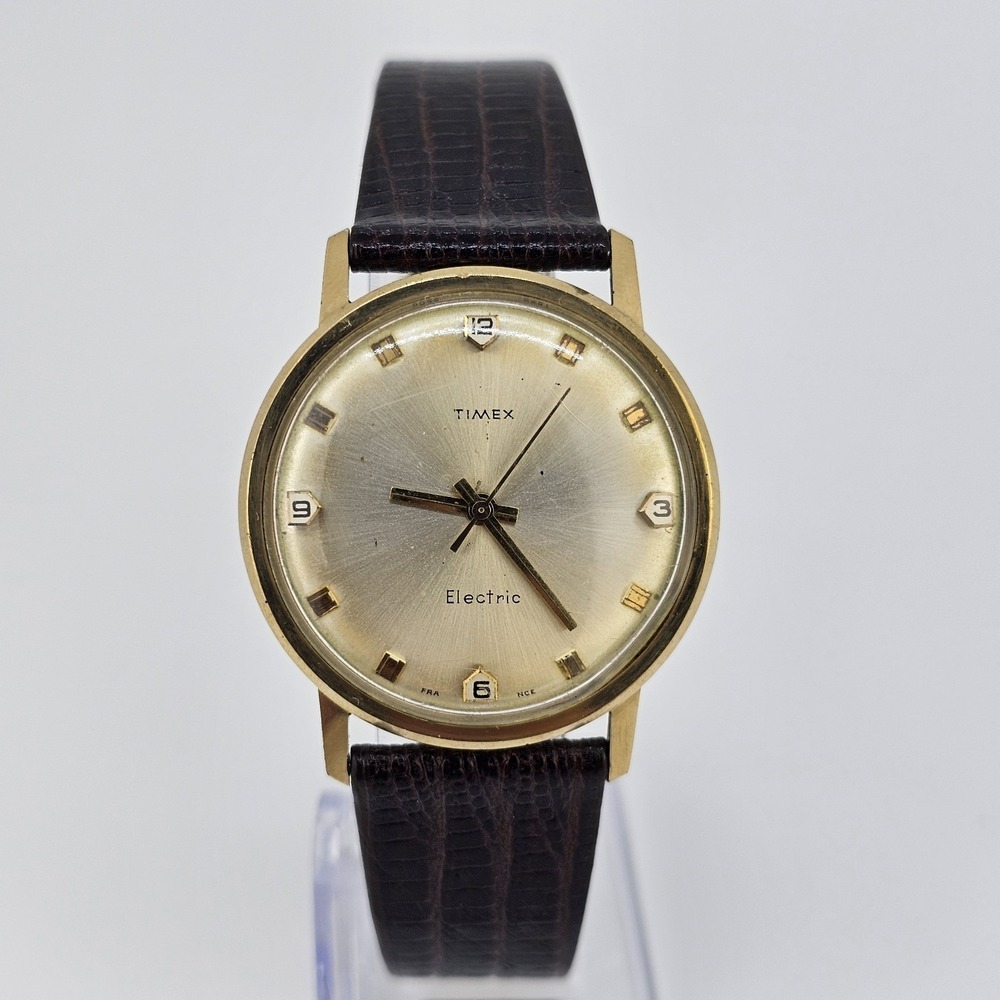 VTG Timex Electric Watch Men 35MM Rear Crown NEW Brown Leather Bands NEW Battery